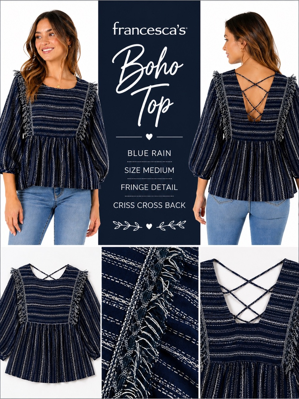 Francesca’s Blue Rain Navy Boho Peplum Top Striped Fringe - NWT - Medium